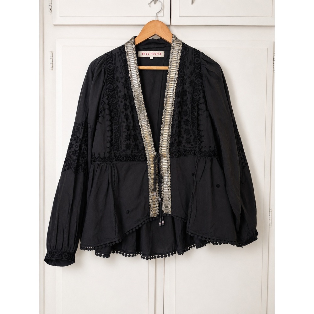 Free People Jasmine Black Embroidered Beaded Top Jacket Large
